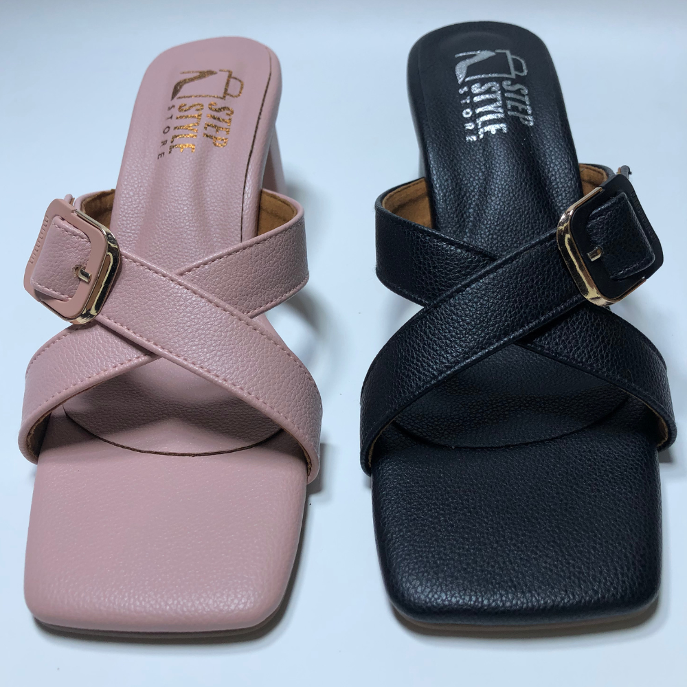 Classic Criss-Cross Block Heels – Blush Pink & Midnight Black - Image 2