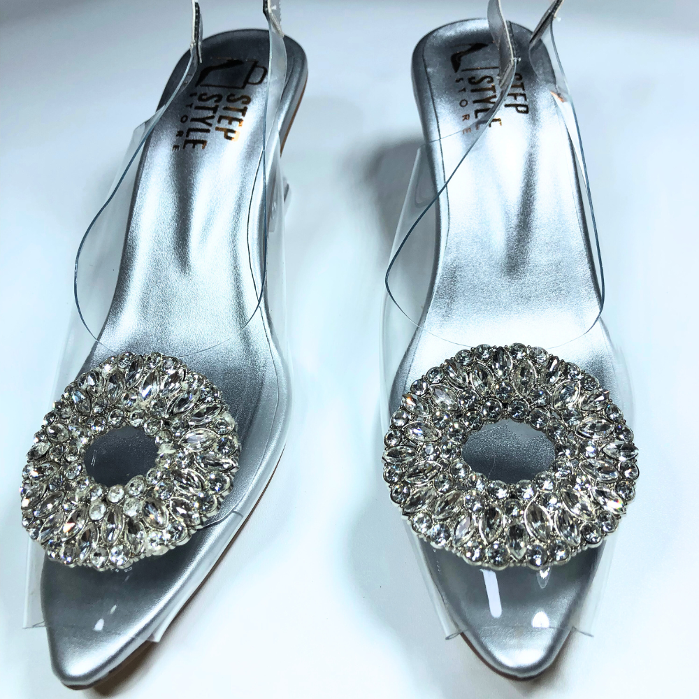 Champagne Satin Pointed-Toe Slingback Heels with Crystal Embellishment – Step Style Store