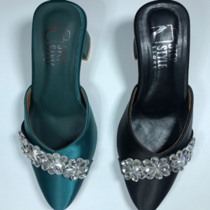 Teal Satin Pointed-Toe Mules with Crystal Floral Embellishments – Step Style Store