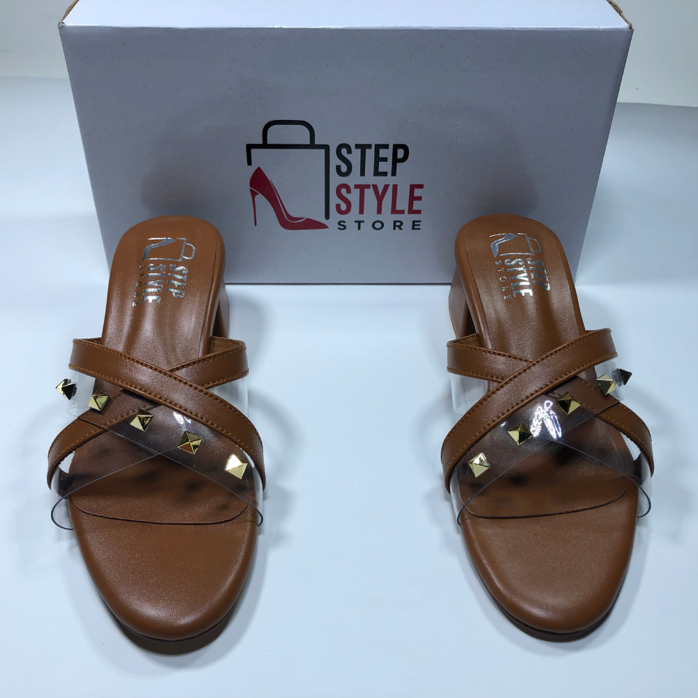 Step & Style Women’s Cross-Strap Studded Slip-Ons – Black & Tan - Image 6