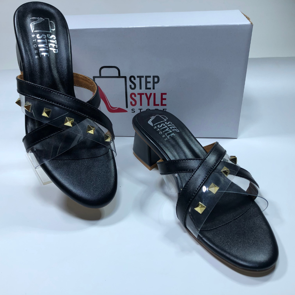 Step & Style Women’s Cross-Strap Studded Slip-Ons – Black & Tan - Image 18