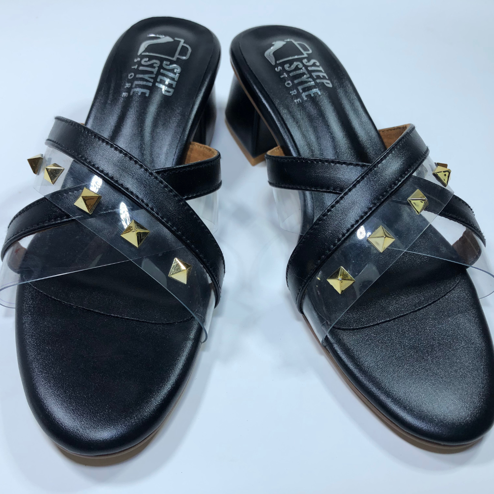 Step & Style Women’s Cross-Strap Studded Slip-Ons – Black & Tan - Image 16