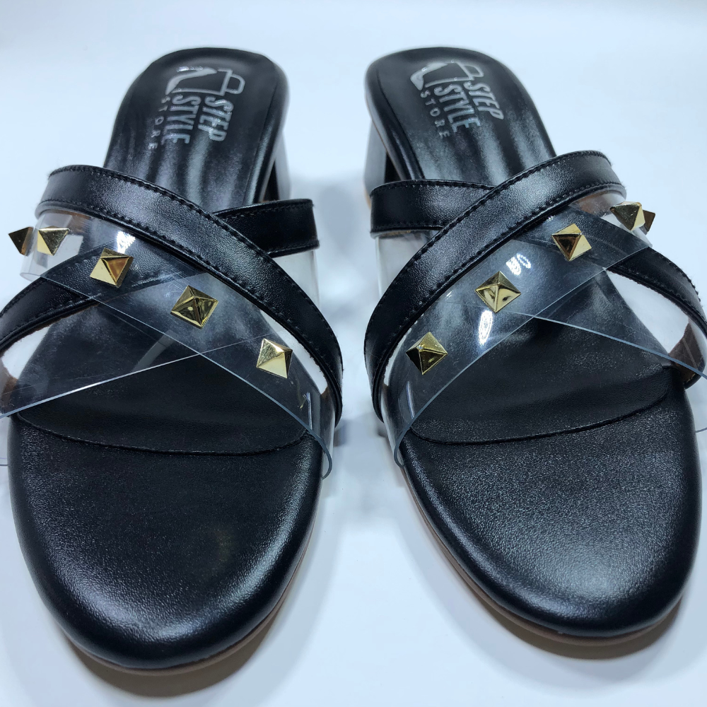 Step & Style Women’s Cross-Strap Studded Slip-Ons – Black & Tan - Image 5