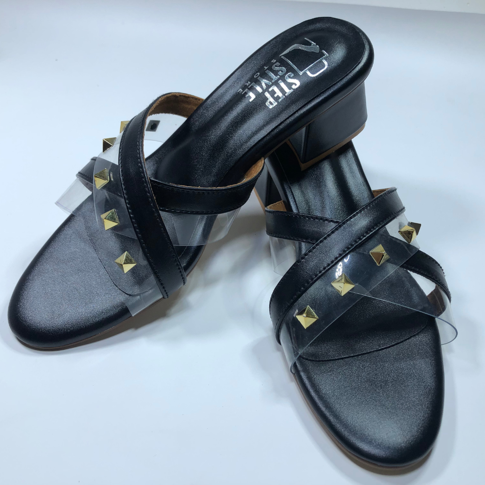 Step & Style Women’s Cross-Strap Studded Slip-Ons – Black & Tan - Image 14