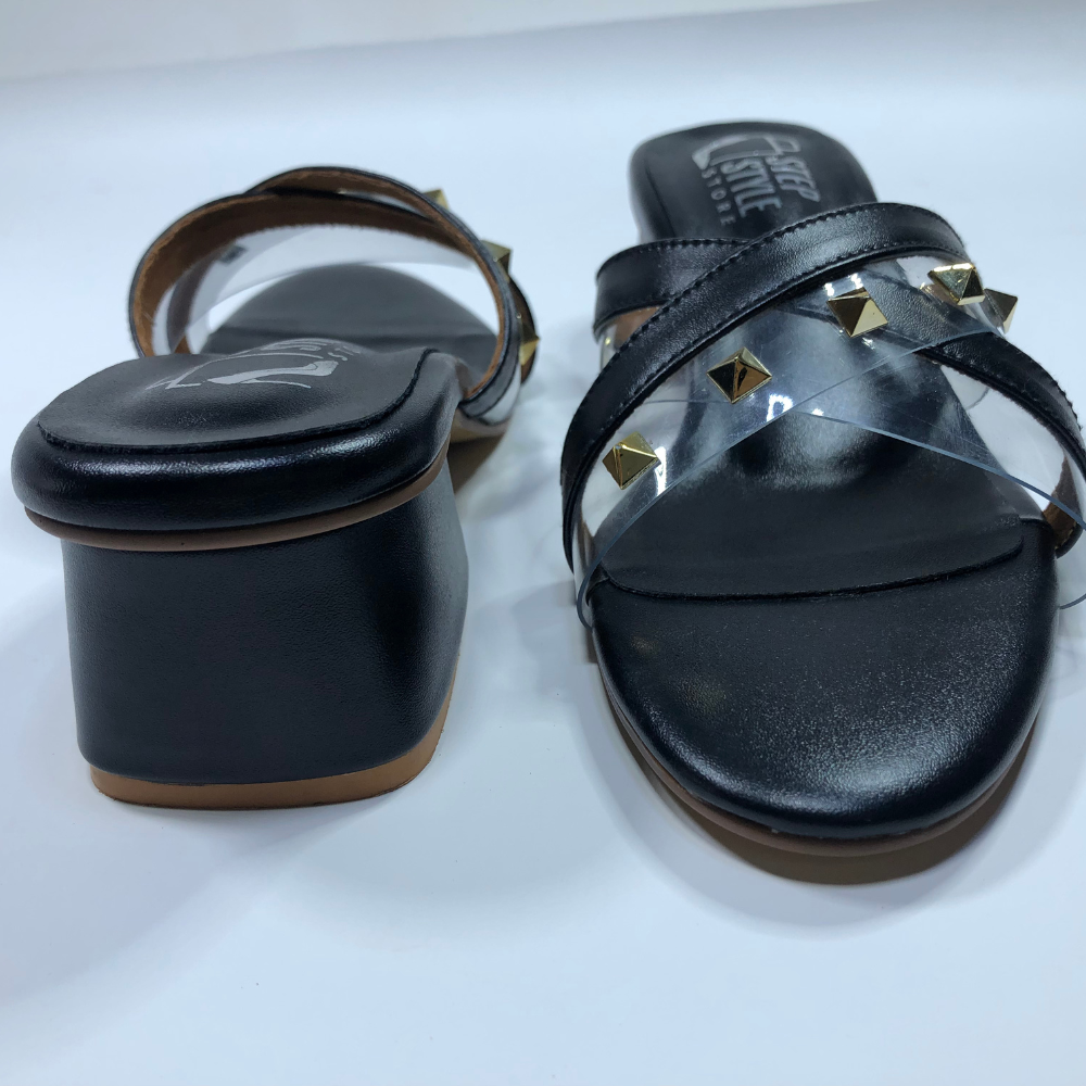 Step & Style Women’s Cross-Strap Studded Slip-Ons – Black & Tan - Image 8