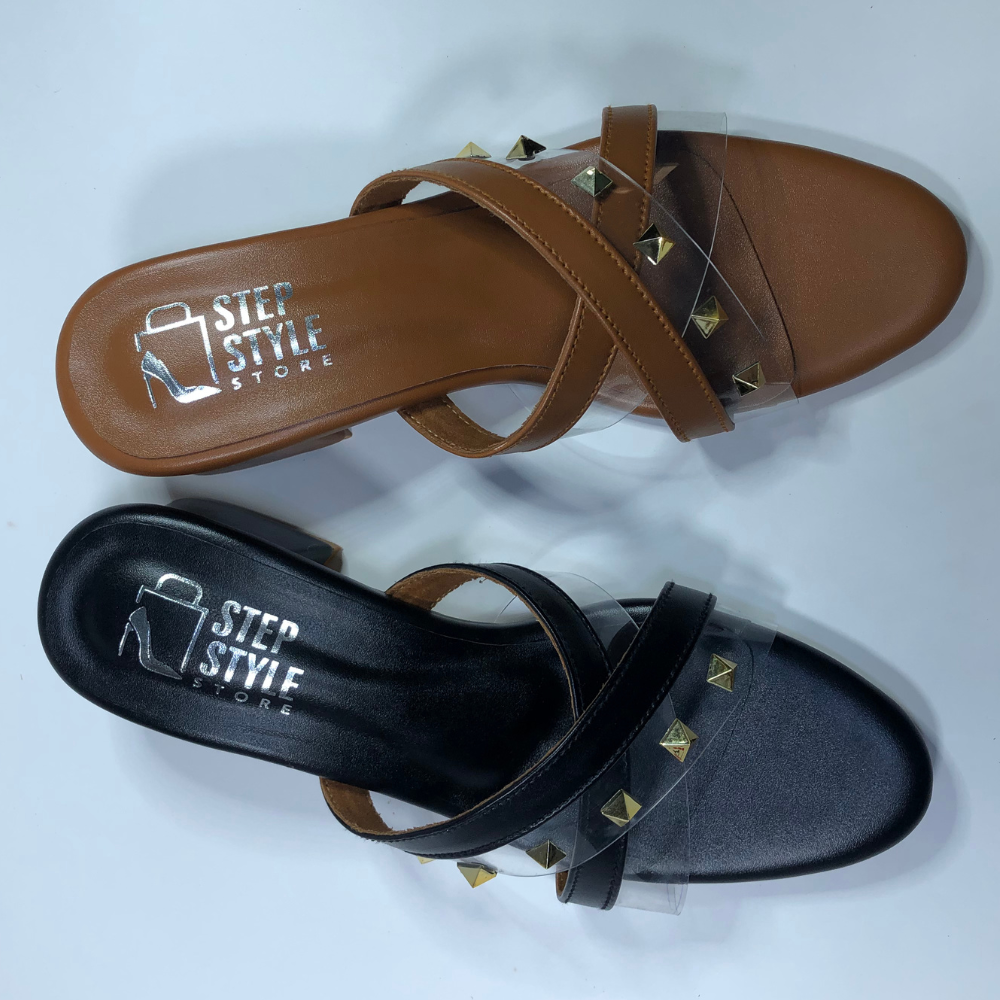 Step & Style Women’s Cross-Strap Studded Slip-Ons – Black & Tan - Image 13