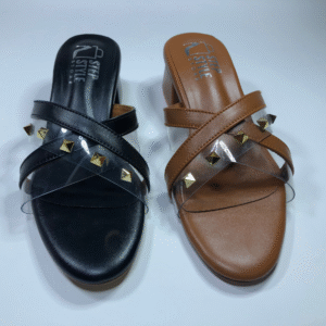 Step & Style Women’s Cross-Strap Studded Slip-Ons – Black & Tan