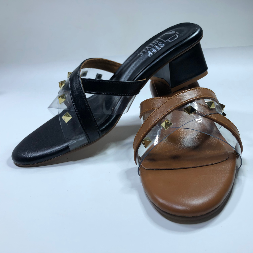 Step & Style Women’s Cross-Strap Studded Slip-Ons – Black & Tan - Image 4