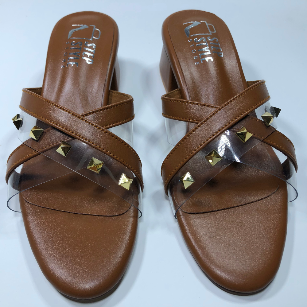 Step & Style Women’s Cross-Strap Studded Slip-Ons – Black & Tan - Image 7