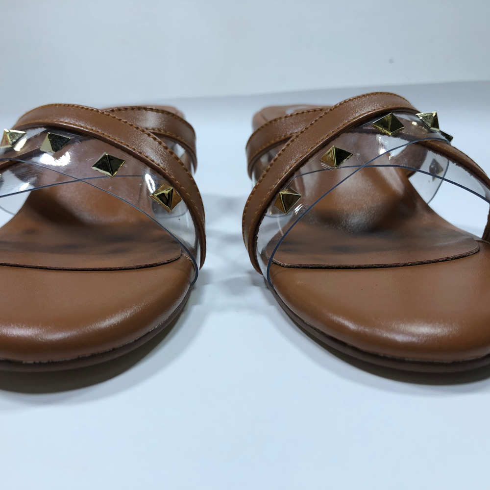 Step & Style Women’s Cross-Strap Studded Slip-Ons – Black & Tan - Image 15