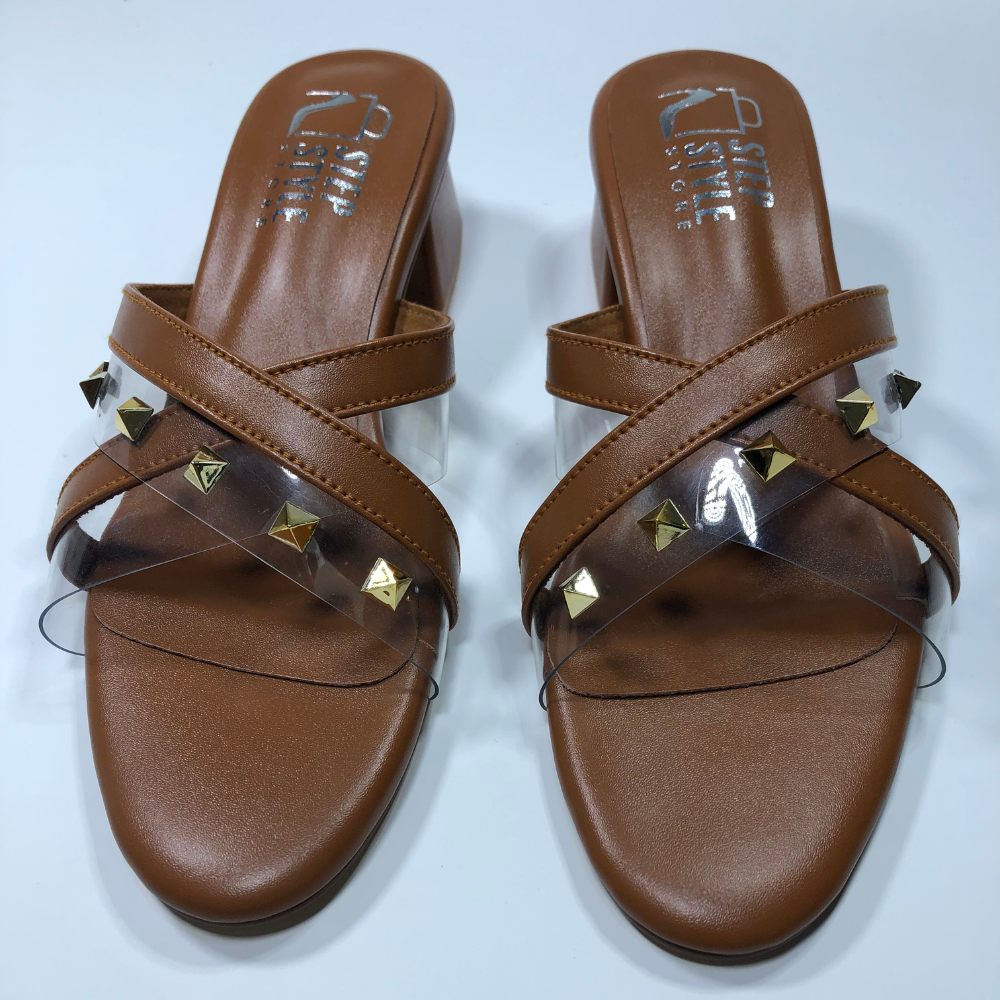 Step & Style Women’s Cross-Strap Studded Slip-Ons – Black & Tan - Image 12