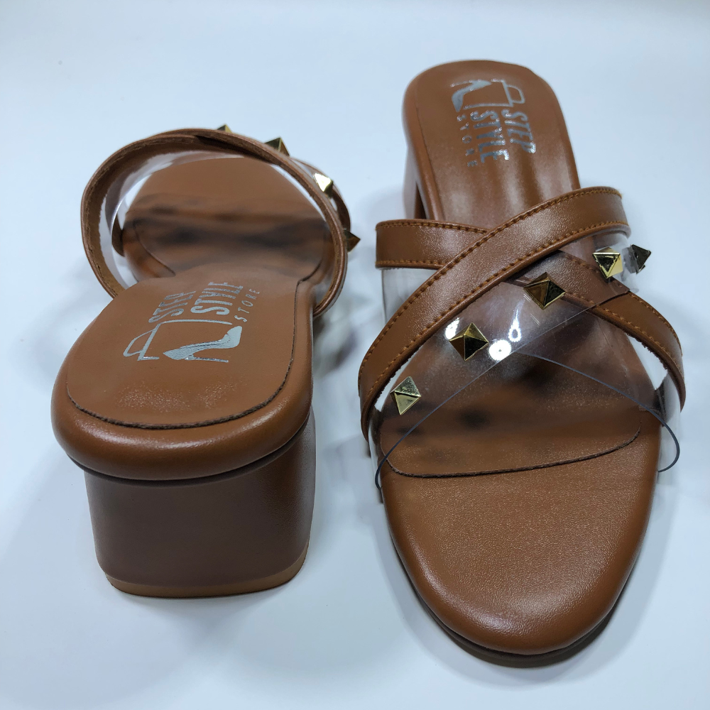 Step & Style Women’s Cross-Strap Studded Slip-Ons – Black & Tan - Image 9