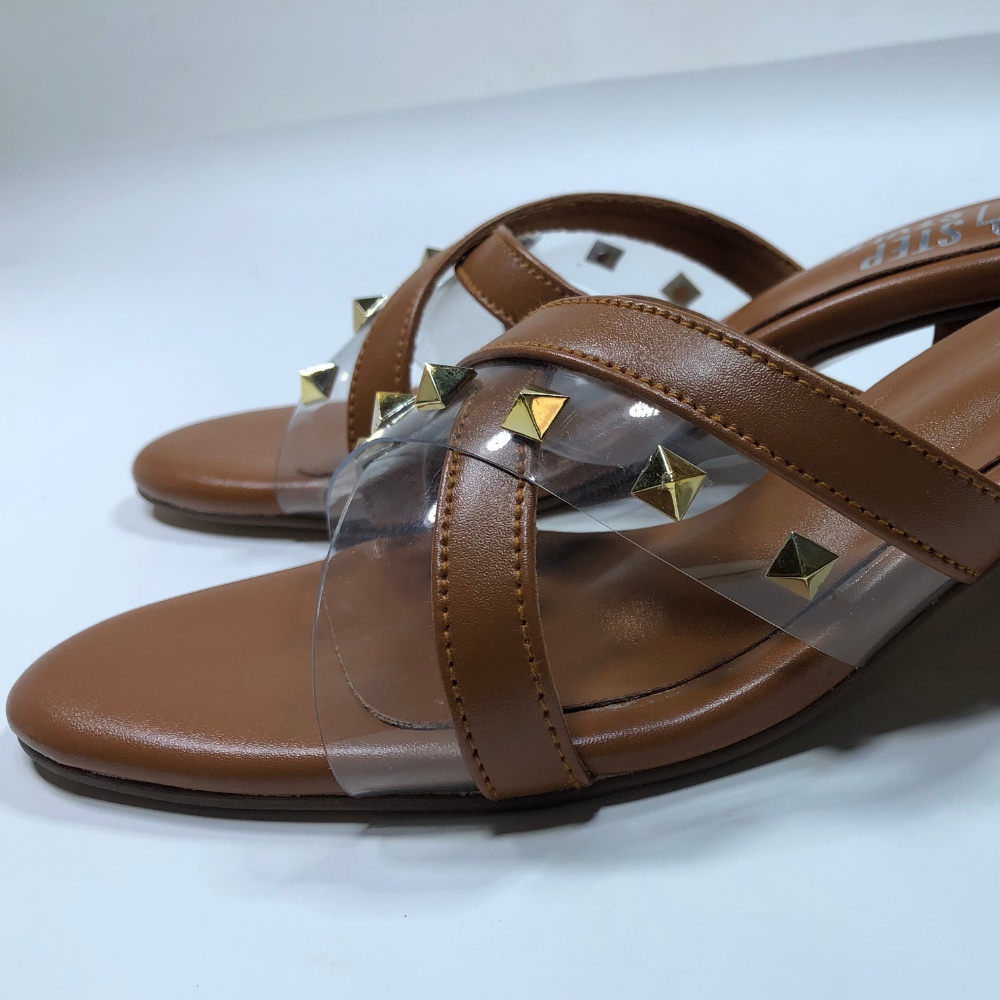 Step & Style Women’s Cross-Strap Studded Slip-Ons – Black & Tan - Image 19