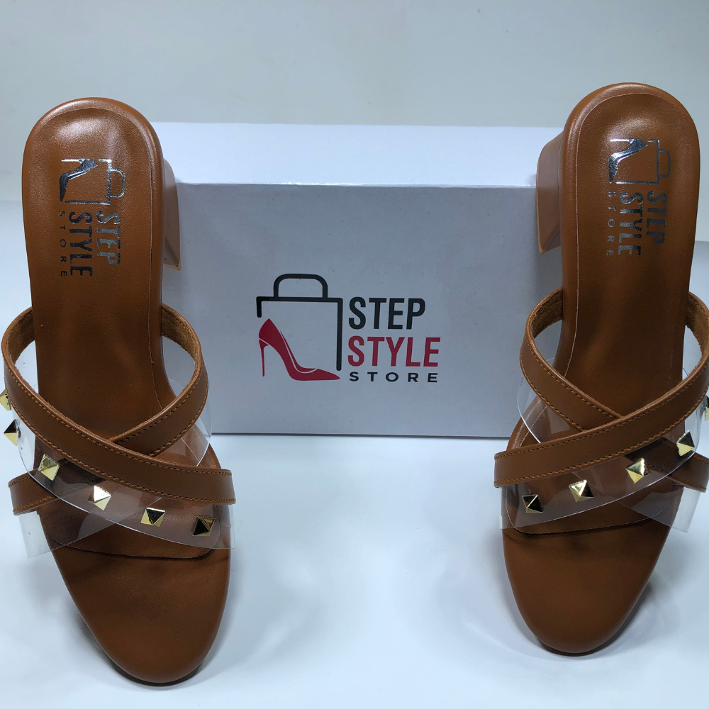 Step & Style Women’s Cross-Strap Studded Slip-Ons – Black & Tan - Image 3