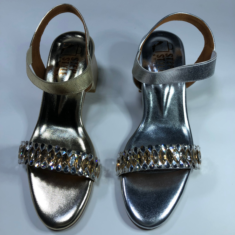 Elegant Dual-Tone Rhinestone Embellished Block Heel Sandals