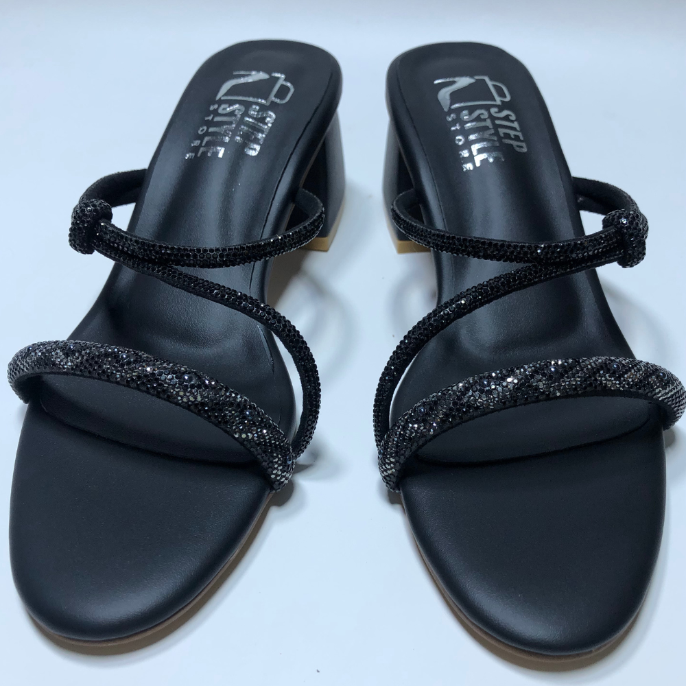 Glam Crystal Strap Heels – Black & Rose Gold
